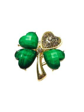 Lucky Four Leaf Clover Brooch Pin Green & Gold Shamrock